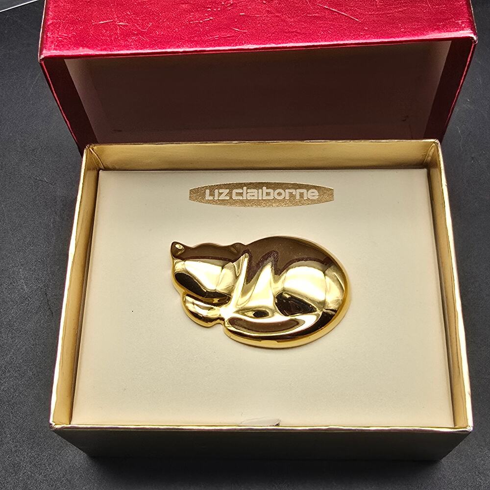 Liz Claiborne Gold Tone Cat Brooch In Box